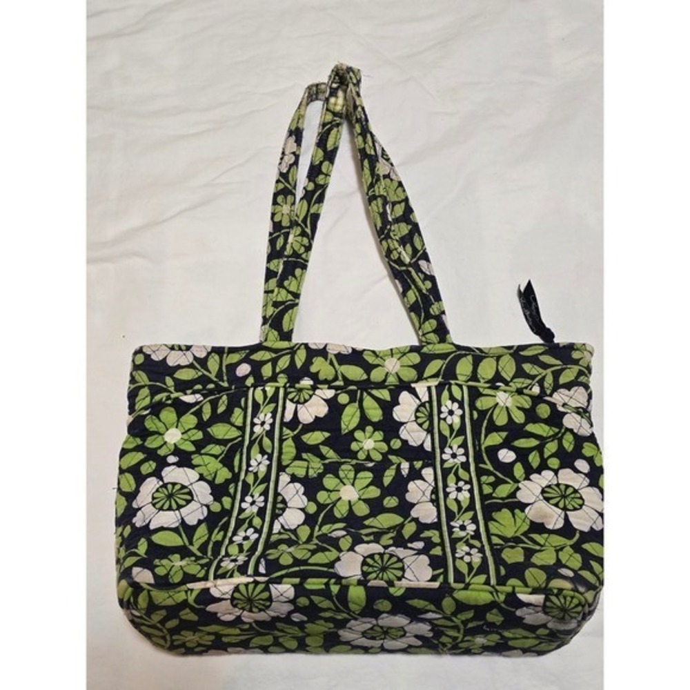 Vera Bradley Tote Bag Floral Green Navy White Quilted Shoulder Bag /0101